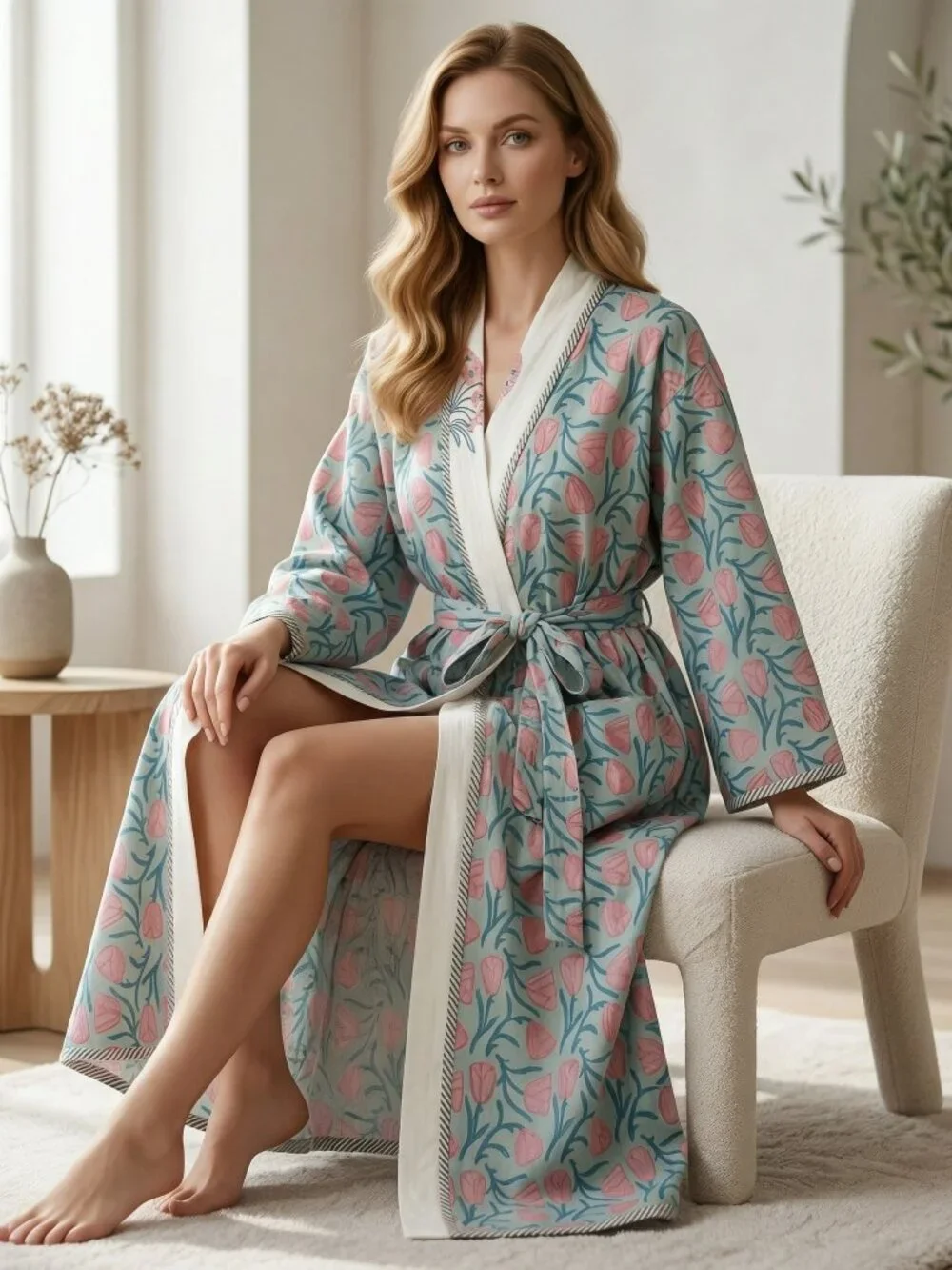 Reversible Cotton Kimono Robe, Hand Block Print Bathrobe, Floral Quilted for Her